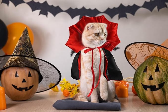 Halloween Cat Vampire Cloak Costume Adjustable Red Black Pet Cape Costume Clothes, Halloween Pet Accessories Costumes Outfit Decor Cowl for Small Cats Dogs Animals Halloween Party pet Cosplay