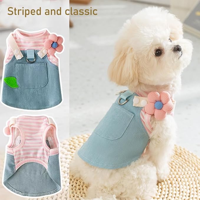 ANIAC Denim Small Puppy Dress 3D Flowers Girl Dog Clothes with D-Ring and Pocket Striped Female Cat Harness Dresses Shih Tzu Yorkies Chihuahua Outfits Summer Pet Clothing (X-Large, 3D Pink Flowers)