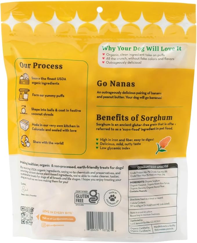 Lord Jameson Go Nanas | Light & Crunchy Love Puffs Collection | Organic Dog Treats, Peanut Butter and Banana Recipe, Gluten-Free, Preservative-Free, USDA Certified Organic. Made in USA