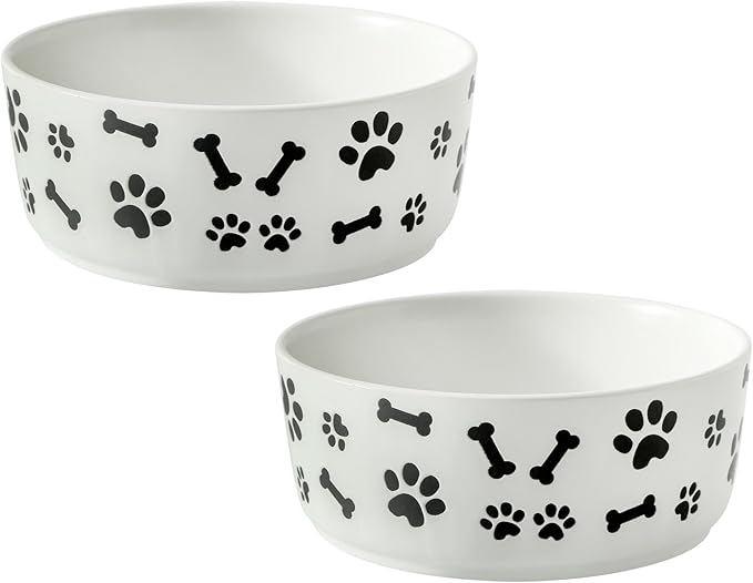 UBEE Ceramic Dog Bowl Set of 2, 5.5 inch Dog Food Bowl Dish with Bone Paw Pattern, Pet Food Water Dish Feeding Plates for Small Dogs, Puppy and Cat, White