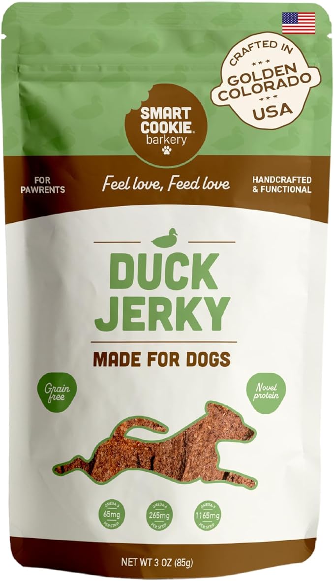 Smart Cookie Duck Jerky Dog Treats with Flax Seed, Omega Oils- Hypoallergenic Strips for Dogs and Puppies with Allergies, Sensitive Stomachs - Dehydrated, Grain Free, Made in USA - 3oz Bag, Pack of 1