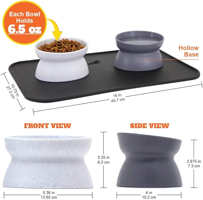 Kitty City Raised Cat Food Bowls and Mat Kit, Each Holds 6.5 Ounces- Pet Bowl for Dogs Cats and Pets, Model Number: CM-0297-CS01