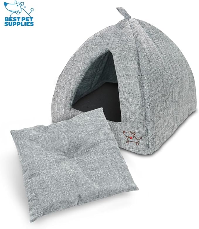 Best Pet Supplies Cat Bed for Indoor Cat, Domed Tent House with Removable Pillow, Covered Cat Cave for Small Dog, Puppies and All Breeds of Cats - Gray Linen, 16 x 16 x H:14"