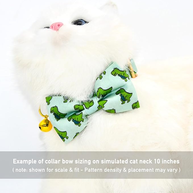 Sage Dinosaur Cat Collar Bow Tie with Bell, Breakaway Safety Cat Collar, Wedding/Birthday Cat Accessories