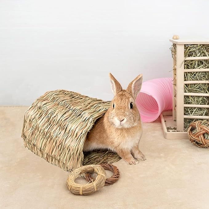 Hamiledyi Rabbit Grass Tunnel,Rabbit Grass Bed Natural Straw Woven Mat Winter Warm Hideaway Hut for Bunny Gerbil Ferrets Chinchilla Guinea Pig