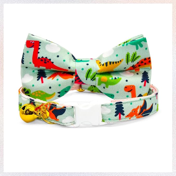 Cute Dinosaur Cat Bow Tie Collar, Green Cat Collar, Breakaway with Bell, Safety Plastic Buckle Collar for Cats