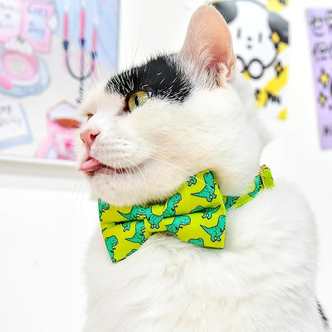 Cat Collar Bow Set, Green Dinosaur, Wedding/Birthday Breakaway Collar Bowtie for Kitten/Cat