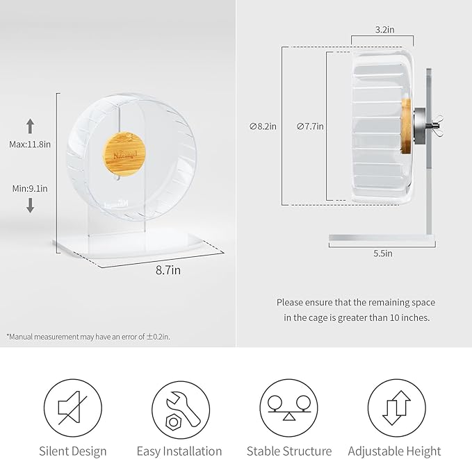 Niteangel Super-Silent Hamster Exercise Wheels: - Quiet Spinner Hamster Running Wheels with Adjustable Stand for Hamsters Gerbils Mice Or Other Small Animals (S, Transparent)