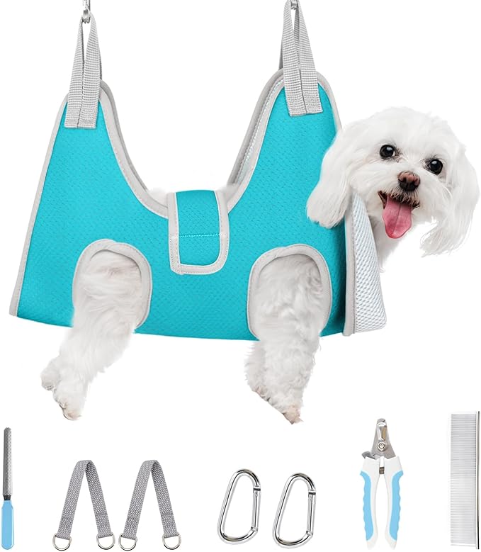 Supet Dog Grooming Hammock for Small Dogs, Dog Hanging Harness for Nail Trimming Doorframe, Pet Holder Restraint for Clipping Nails, Pet Hoist Sling for Cutting Nails at Home (Blue S)