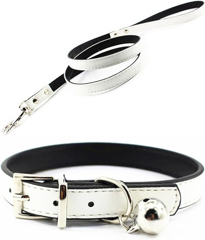 Metal Buckle Pet Collar and Leash Set with Bell Suit for Cats or Puppy Dogs White/Black/Red/Pink/Blue/Brown (M (Collar + Leash), White)