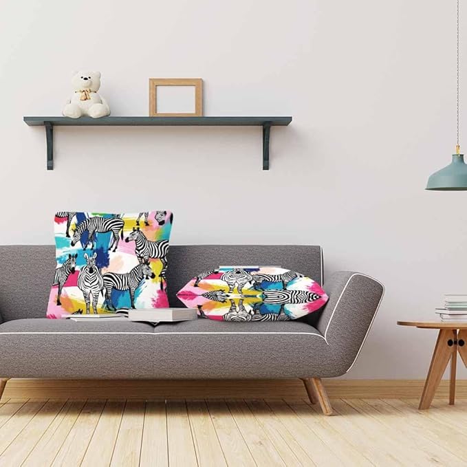 Throw Pillow Covers Black White Zebra Tropical Jungle Colorful Painting,Set of 2 Square Decorative,Cushion Pillows Cover for Couch and Bed for Men/Women 18X18 Inch