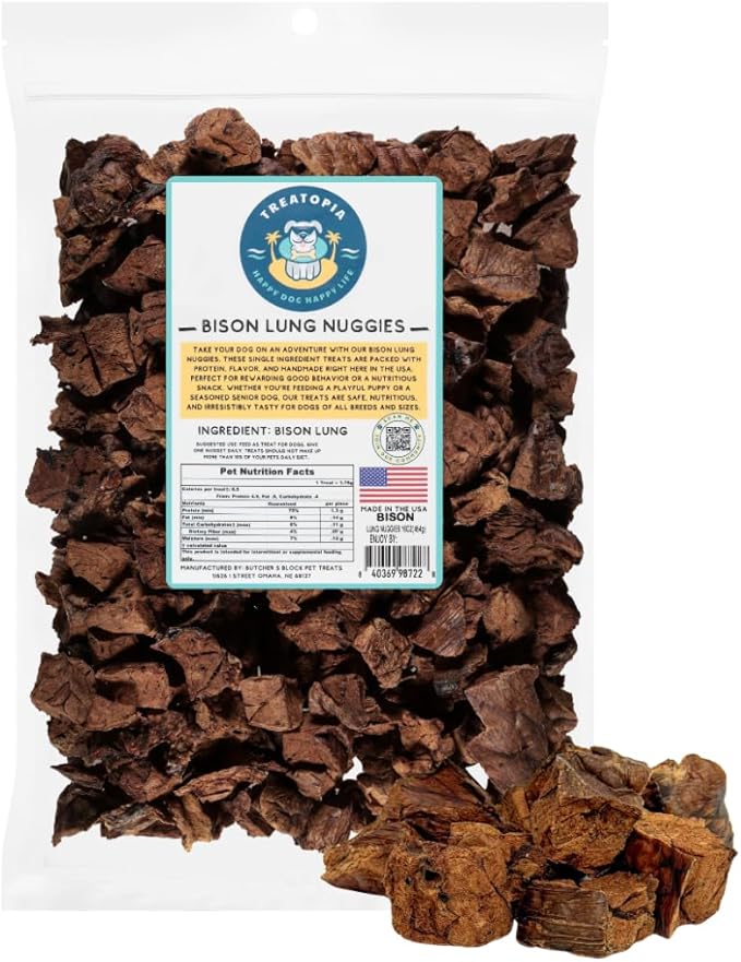 TREATOPIA Bison Lung Nuggies Bites Dog Treats - All-Natural, Sustainable, Healthy, Premium High Protein, Hand-Trimmed, Slow-Roasted, Made in The USA, Nutritious, No Additives, No Fillers