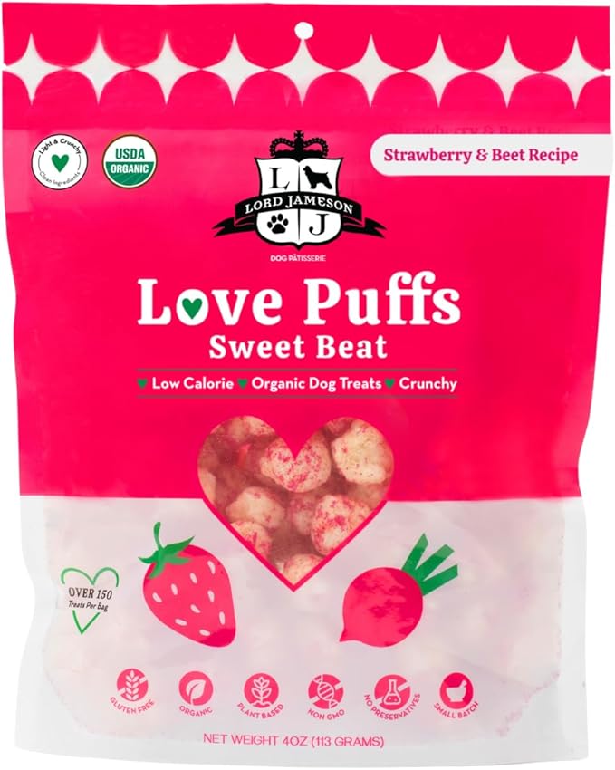 Lord Jameson Sweet Beat Light & Crunchy Love Puffs - Strawberry & Beet - Dog Treats, Low-Calorie, Low-Sugar, Gluten & Preservative-Free, USDA Certified Organic - Made In USA 4 oz