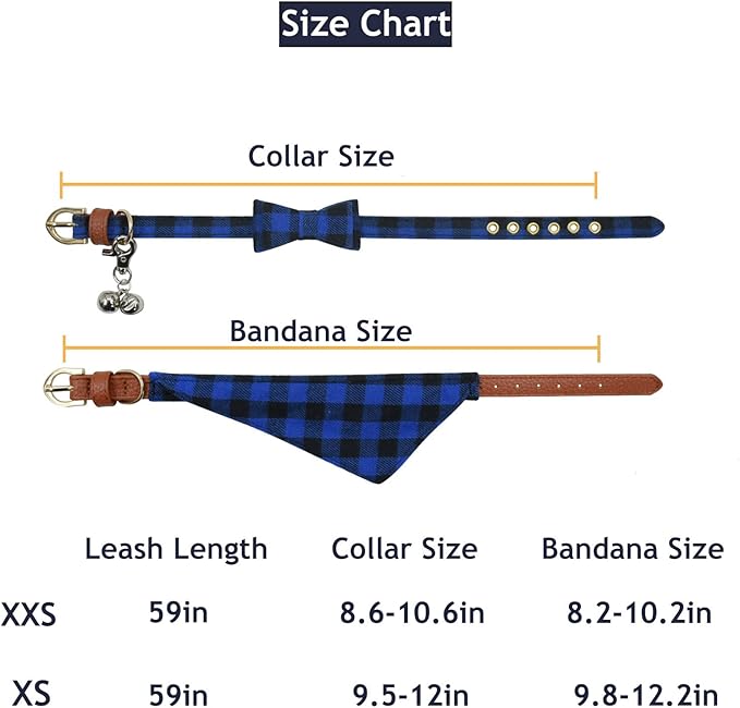 3PCS Bow Tie Dog Collar and Leash Set Plaid/Camo/Dots/Flower Dog Bandanas with Bell 3 Size Adjustable for Small Dogs Puppies and Cats (XS, Blue Plaid 1)