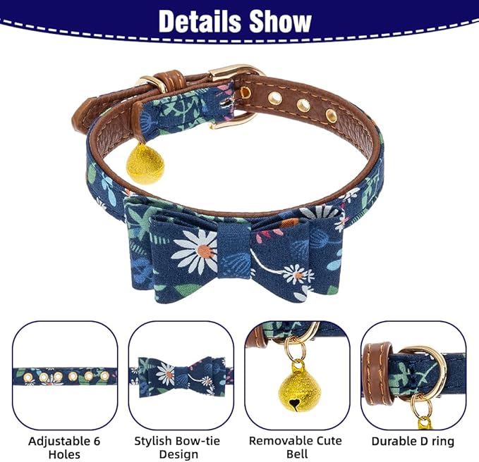 EXPAWLORER Dog Collar and Leash Set - Classic Plaid Dog Bow Tie and Dog Bandana Collar with Bell, Dog Leash Tangle Free, Adjustable Collars for Small Medium Dogs, Holiday Ideal Gift, Flower SM
