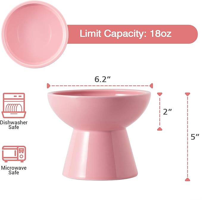 CEEFU Extra Wide Elevated Ceramic Cat Water Bowl - 6.2" Deeper Dish for Whisker Fatigue Relief, 5" Height for Easy Feeding, Lead & Cadmium Free, Durable Raised Cat Bowls, Pink