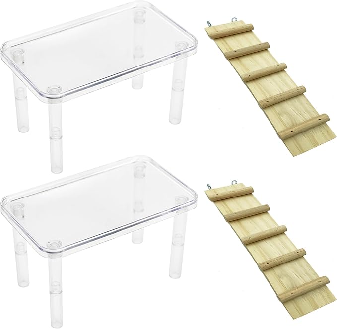 Hamster Platform 4Pcs Acrylic Small Animal Stand Climbing Toy Stuff with Wood Ladder for Dwarf Syrian Hamsters Gerbils Mice Sugar Glider Reptile Bird