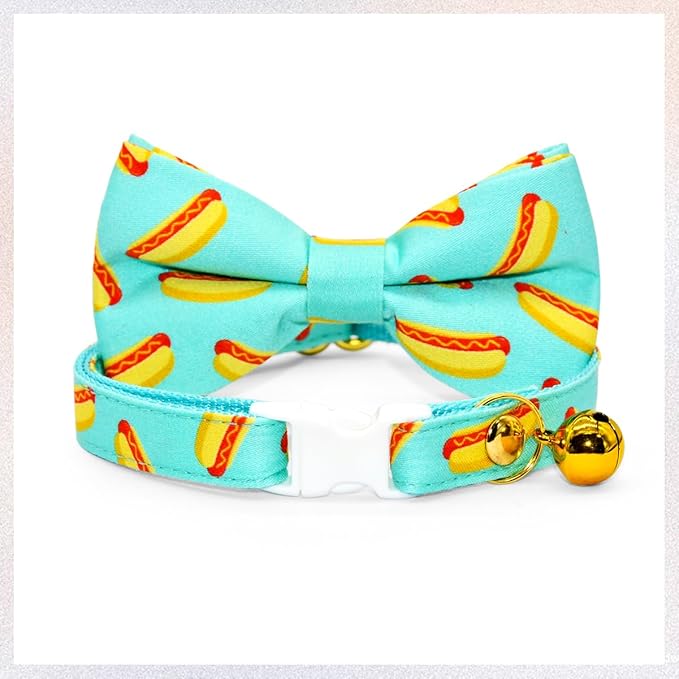 Hot Dog Cat Collar Bow Tie, Blue Cat Collar, Breakaway Safety Collars, Wedding/Birthday Cat Accessories, Adjustable Bowtie, Removable Jingle Bell