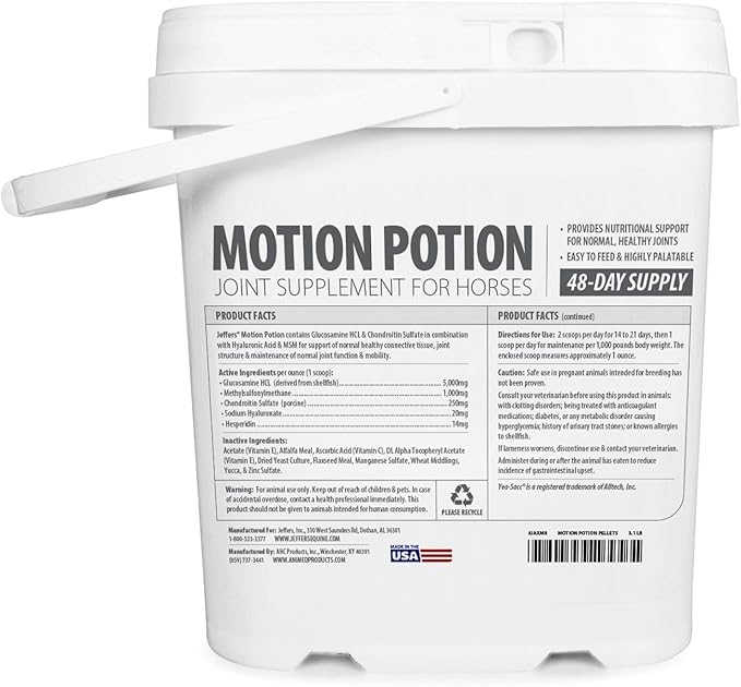Jeffers Motion Potion Horse Joint Supplement Pellets – Glucosamine HCL, MSM, Chondroitin, Hyaluronic Acid, Vitamin C & E, Daily Equine Support for Senior & Active Horses – 3.1, lbs 160 Day Supply