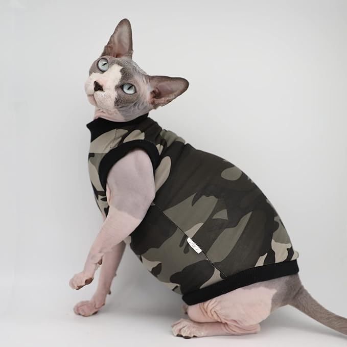 Kitipcoo Cat Vest Pet Clothes, Summer Cotton T-Shirts Pet Clothes,Round Collar Vest Kitten Shirts Sleeveless for Sphynx Hairless Cat (Vest X-Large, Black Camo)