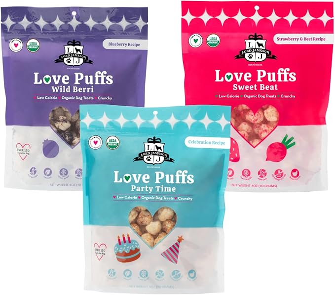 Lord Jameson Organic Dog Treats Bundle - Love Puffs 3-Flavor Bundle - USDA Certified, Low Calorie - All Dogs - Gluten-Free, Sensitive Stomach - 3 x 4oz Pack