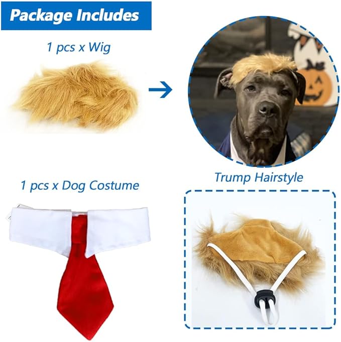 Trump Style Pet Costume Dog Wig, Dog Clothes with Collar & Tie Head Wear Apparel Toy for Halloween, Christmas, Parties, Festivals (Brown with Tie)