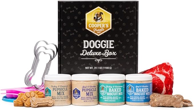 Cooper's Treats Doggie Deluxe Box - Make-at-Home Dog Treat Kit (Contains Four Jars of Treat Mix for Both Frozen and Baked Treats, Plus Lots More Goodies - The Perfect Dog Gift Box!)