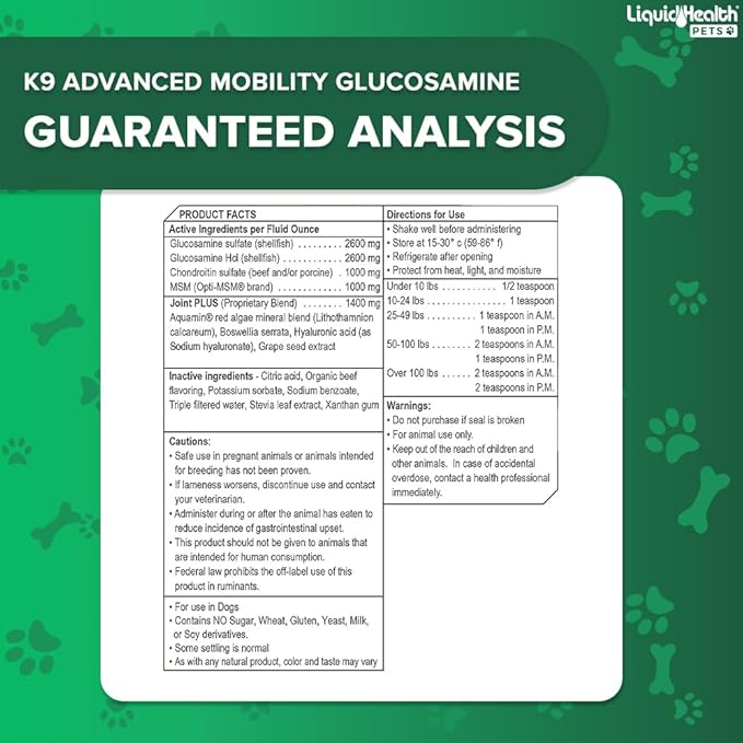 LIQUIDHEALTH Pets K9 Advanced Mobility Liquid Glucosamine Level 5000 for Large Dogs with Chondroitin, MSM, Boswellia Serrata - Dog Hip & Joint Health Vitamins, Pet Joint Oil Juice - USA Made (2 Pack)
