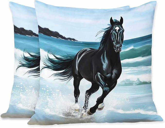 Pillowcase Freedom Black Arabian Horse Through Splashes of Water Seaside Set of 2 Square,Throw Pillow Covers Decorative for Couch and Bed for Boy Girl 18X18 Inches