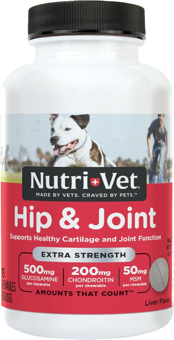 Nutri-Vet Extra Strength Hip & Joint Supplement for Dogs, Puppy Supplements, Dog Joint Supplement, Contains 500mg of Glucosamine, 200mg of Chondroitin, 50mg of MSM, Puppy Essentials, 75 Tablets