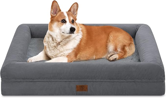 Orthopedic Dog Beds for Large Dogs, Big Waterproof Dog Bed with Removable Bolster, Nonskid Bottom and Egg Crate Foam Pet Mat, Large Pet Bed with Washable Removable Cover, Grey