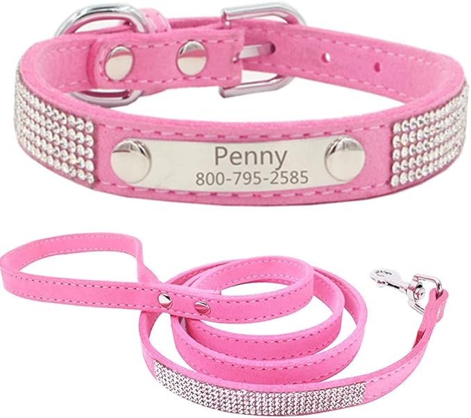 THAIN Rhinestones Personalized Dog Cat Collar and Leash Combo Set Bling Diamond with Engraved Stainless Steel Nameplate for Small Medium Large Dogs (XS, Pink Set)