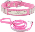 THAIN Rhinestones Personalized Dog Cat Collar and Leash Combo Set Bling Diamond with Engraved Stainless Steel Nameplate for Small Medium Large Dogs (L, Pink Set)