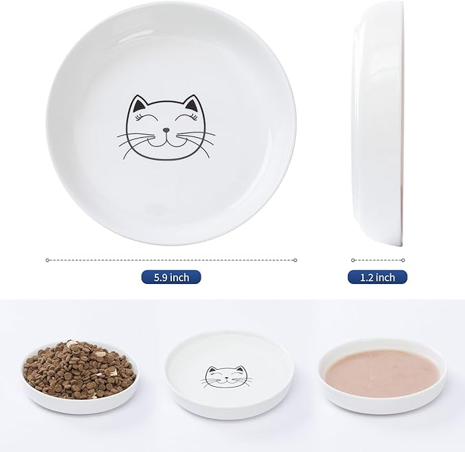 Lusifaco Shallow Cat Food Bowls, 5.9 Inch Wide Ceramic Cat Dish for Indoor Cat,Anti Whisker Fatigue Cat Dishes Set, Kitten Plates for Food and Water,Non-Slip Silicone Mat,3 Pack(White)