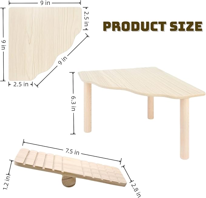 2-in-1 Wooden Hamster Platform & Seesaw Set - Natural Pine Small Animal Climbing Toy & Cage Accessories for Syrian Hamster, Gerbil, Mouse, Rabbit Habitat Enrichment (Bridge/Maze/Wheel/Hide Compatible)