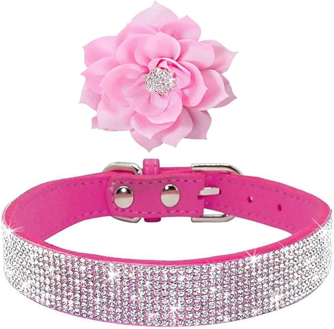 Cute Dazzling Sparkling Elegant Fancy Soft Suede Leather Bling Rhinestone Crystal Jeweled Pet Cat Dog Puppy Collar Dog Leash Combo Set (XXS(Neck 6-8"), Hot Pink-6)