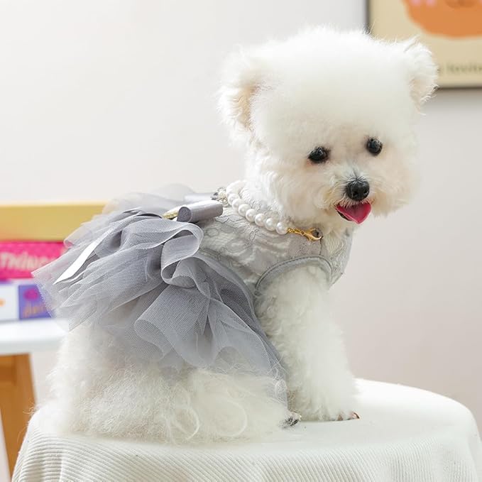 ANIAC Gray Dog Dress for Small Dogs Female,Bow Knot Girl Puppy Clothes with Detachable Pearl Necklace, Elegant Cat Dress, Formal Pet Pary Outfit for Wedding Birthday Valentines (Gray, X-Large)