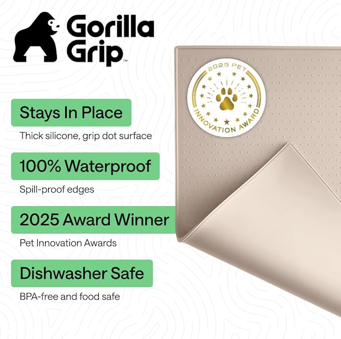 GORILLA GRIP 100% Waterproof Raised Edge BPA Free Silicone Pet Feeding Mat, Dog Cat Food Mats Contain Spills Protects Floors, Placemats for Cats and Dogs Water Bowl, Pets Accessories 16x10, Cream