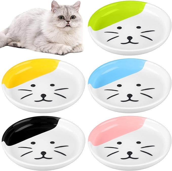 Hillban 5 Pcs Ceramic Cat Food Plate Set, 6'' Shallow Cat Food Dish Cute Nonslip Flat Wide Bowl Colorful Small Feeding Bowls for Indoor Puppy, Dishwasher Safe