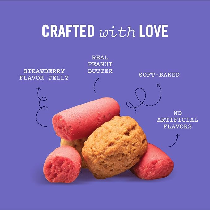 ThreeDog Bakery Soft Baked PB&J Bites Dog-Treats, Peanut Butter and Strawberry Flavor, Soft and Chewy Dog Cookies, Baked in The USA, 13 oz,(Pack of 2)