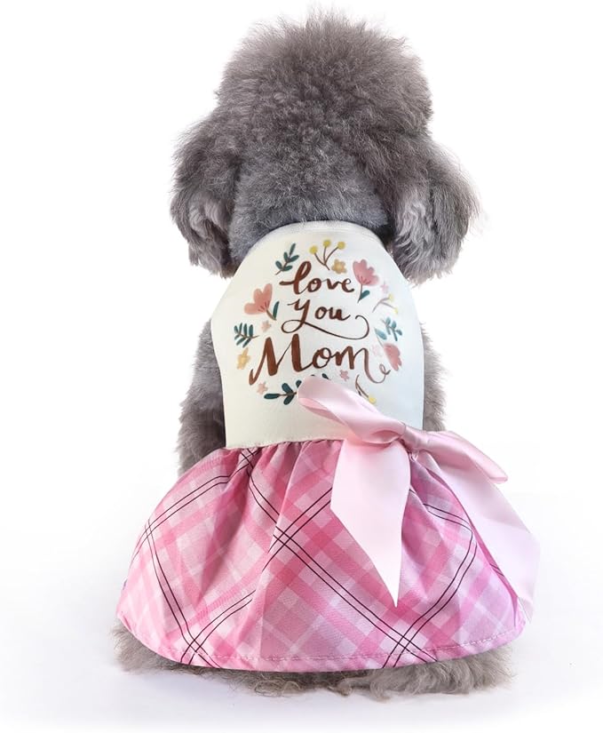 Idepet Dog Dress Love You Mom, Mother's Day Dog Dresses Puppy Skirt Pet Apparel Daisy Sleeveless Holiday Clothes for Small Dogs Girls and Cats, Pink Plaid, Small