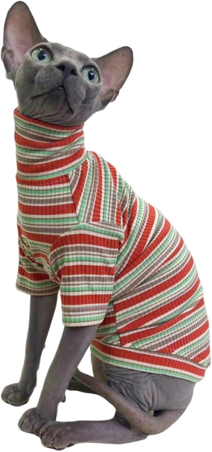 Turtle Neck Vintage Stripes Sphynx Hairless Cat Cotton T-Shirts Pet Clothes Vest Kitten Shirts Sleeveless, Cats & Small Dogs Apparel (Autumn, M (5-6.5 lbs))