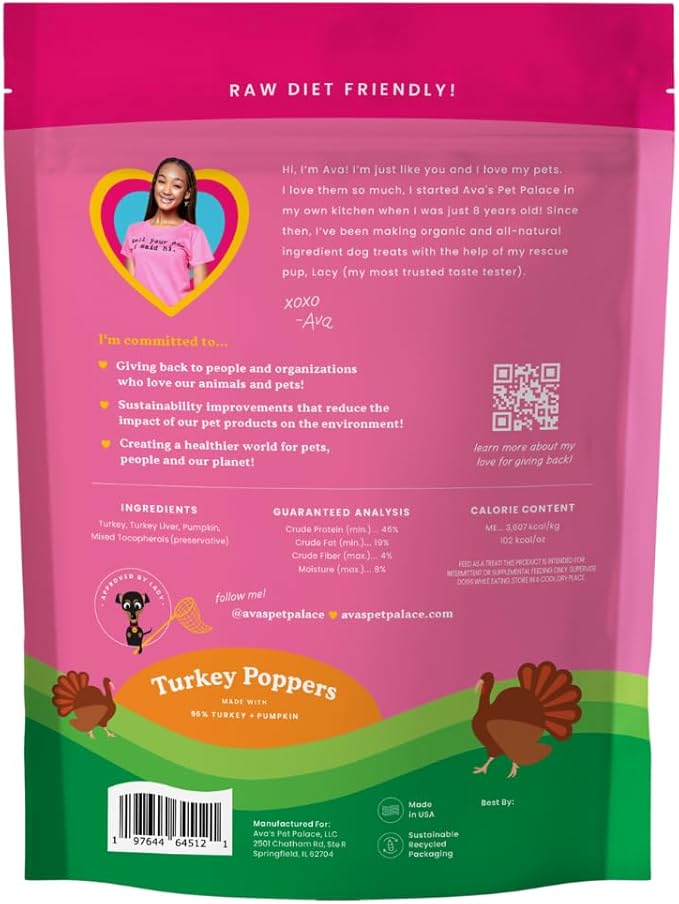 Ava's Pet Palace Turkey Poppers – Freeze-Dried Turkey Dog Treats with Pumpkin | High Protein, Grain-Free, Single-Ingredient Training Treats & Food Topper | Made in USA | No Preservatives