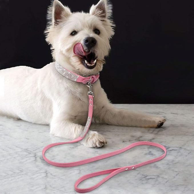 Cute Dazzling Sparkling Elegant Fancy Soft Suede Leather Bling Rhinestone Crystal Jeweled Pet Cat Dog Puppy Collar Dog Leash Combo Set (S(Neck 10-12.5"), Pink-5)