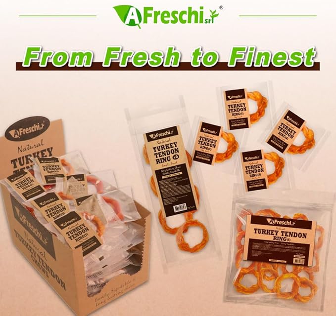 A Freschi srl Turkey Tendons for Dogs, Long-Lasting, Hypoallergenic Rawhide Alternative, Human Grade, Healthy Puppy Chews, Natural Dog Treats for Small Dogs, Ring (S), 8oz Pack