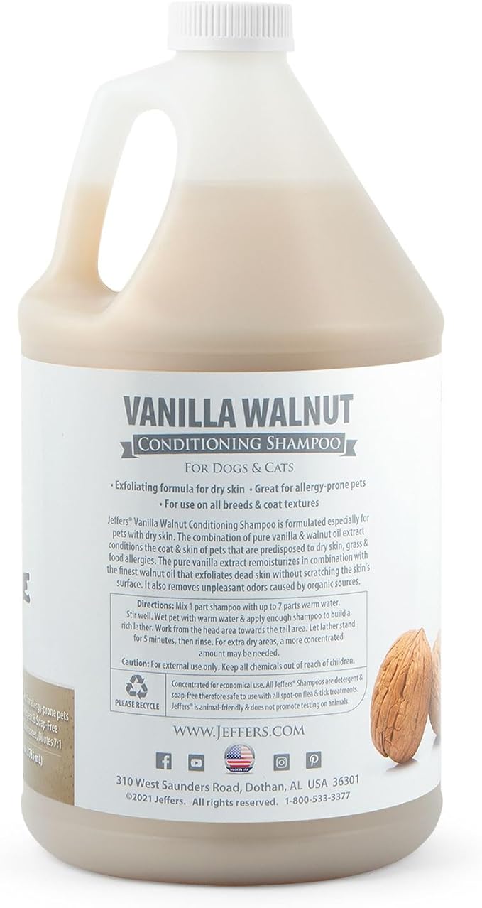 Jeffers Pet Vanilla Walnut Conditioning Dog & Cat Shampoo, 128 oz - Exfoliating Grooming Wash, Coconut Based Soap Free Formula, Walnut Oil & Vanilla Extract, Vitamins A D E, Concentrated Coat Care