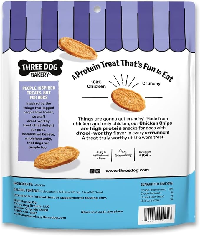 Three Dog Bakery Bark'N Crunch! Chicken Chips with 100% Real Chicken - 8 oz - Crunchy Treats for Dogs - High Protein Dog Snacks - Grain Free, No Corn or Soy, Single Ingredient Treats
