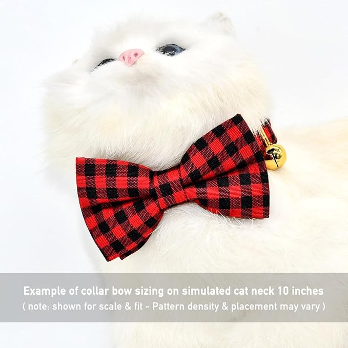Red Black Buffalo Plaid Cat Breakaway Collar Bow Tie with Bell, Wedding/Birthday Cat Accessories