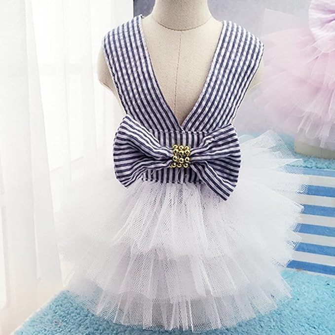 Dog Dresses, Fashion Pet Dog Clothes, Striped Mesh Puppy Dogs Princess Dresses (Blue, XX-Large)
