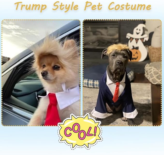 Donald Trump Style Pet Costume Dog Wig, Dog Clothes with Collar and Tie Head Wear for Halloween, Party, Festivals, Christmas(Yellow)